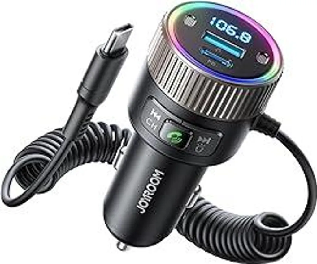 JOYROOM 2026 Ultimo adattatore Bluetooth 5.4 per auto 60W [PD 30W e cavo a spirale USB-C 30W] Trasmettitore FM per lettore musicale Hi-Fi per auto, vivavoce, doppio microfono, luce LED, U-Disk