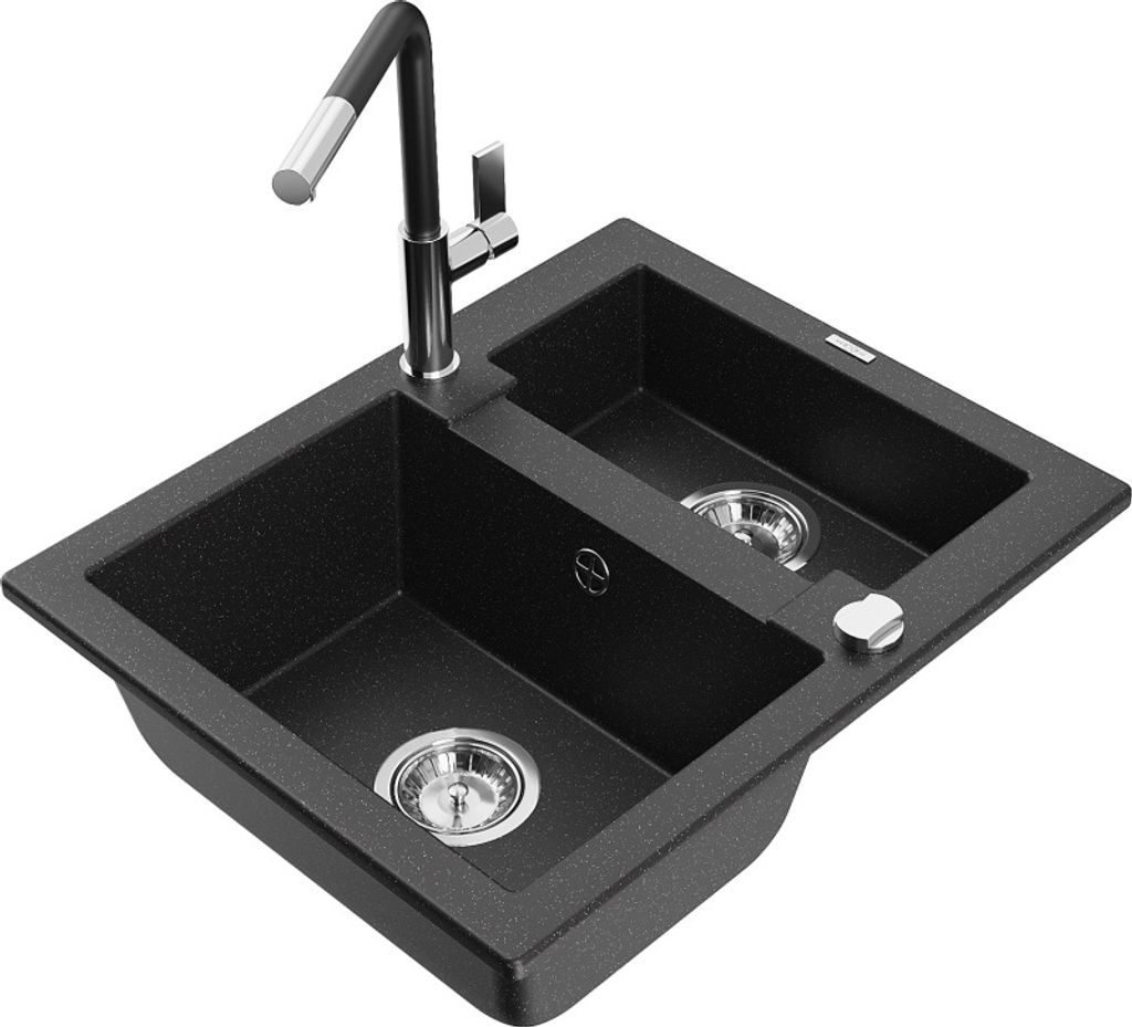 Mexen Carlos 1,5-Becken-Granitspüle mit Mischbatterie Flora, Schwarz/Silbermetallic - 6518-73-670401-07
