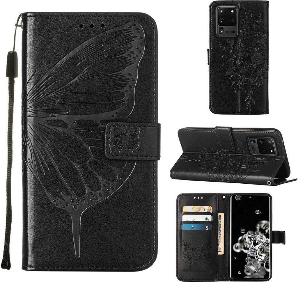 Galaxy S20 Ultra Hülle, Schmetterling Prägung Flip Leder Kartenfächer Schutzhülle Ledertasche mit Ständer für Samsung Galaxy S20 Ultra Schwarz