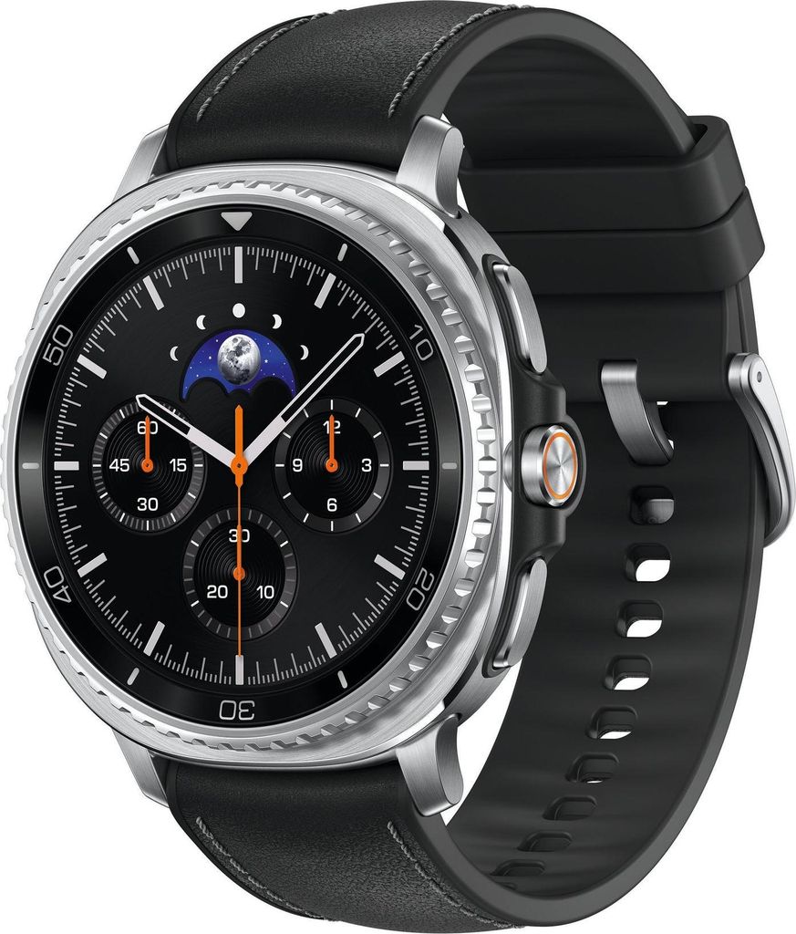 A close-up studio shot of a smartwatch with a black leather strap and a silver bezel.