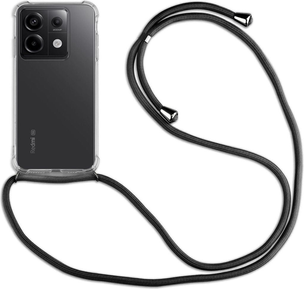 A transparent phone case with a black lanyard attached to a smartphone.