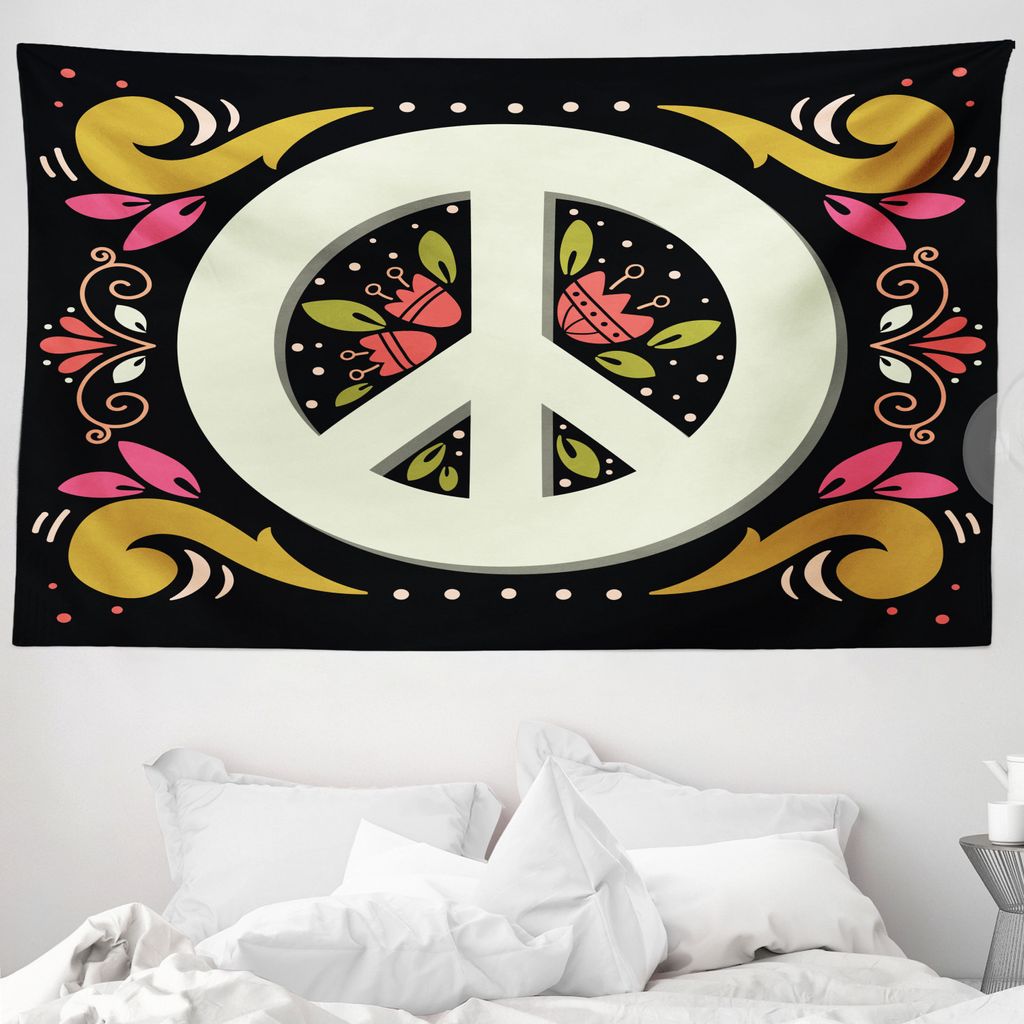 ABAKUHAUS Hippie Wandteppich, Friedenszeichen mit Blumen aus Weiches Mikrofaser Stoff Waschbar ohne Verblassen Digitaldruck, 230 x 140 cm, Mehrfarbig