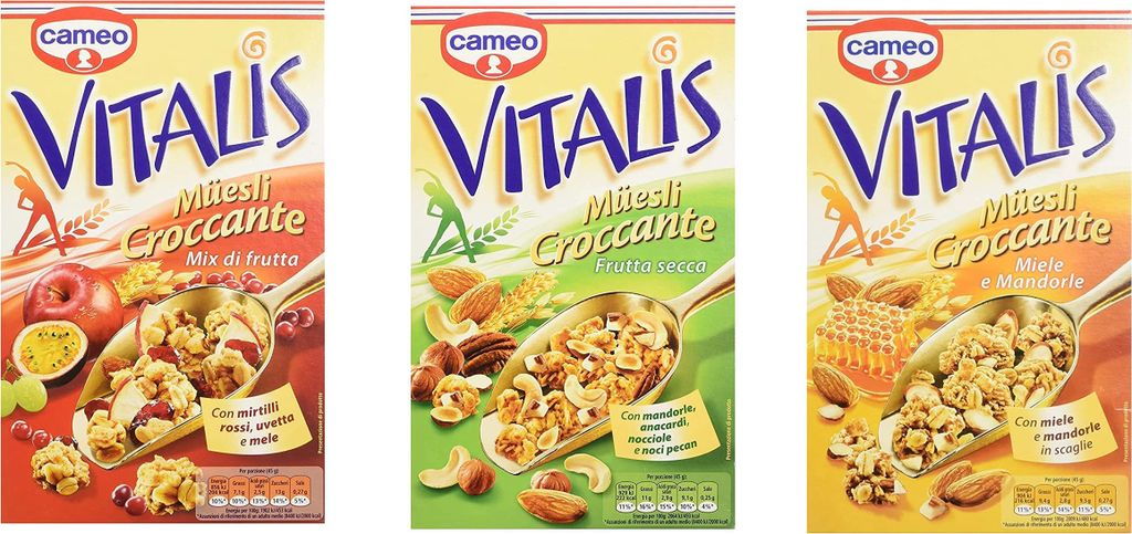 Testpaket Cameo Vitalis Muesli Croccante Miele e Mandorle Frutta Secca Frutta Mix Cerealien Fruchtmischung 3x 300g