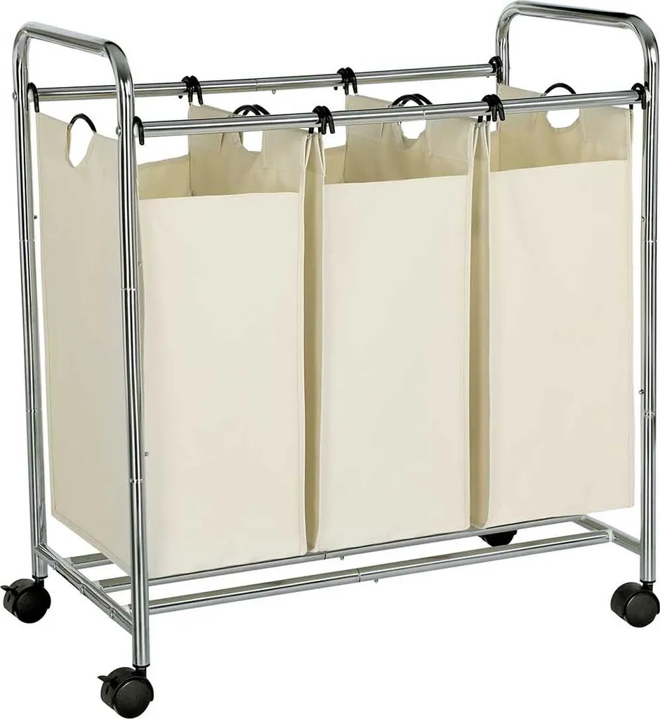 Panier de rangement linge 3 compartiments beige pour buanderie ou chambre