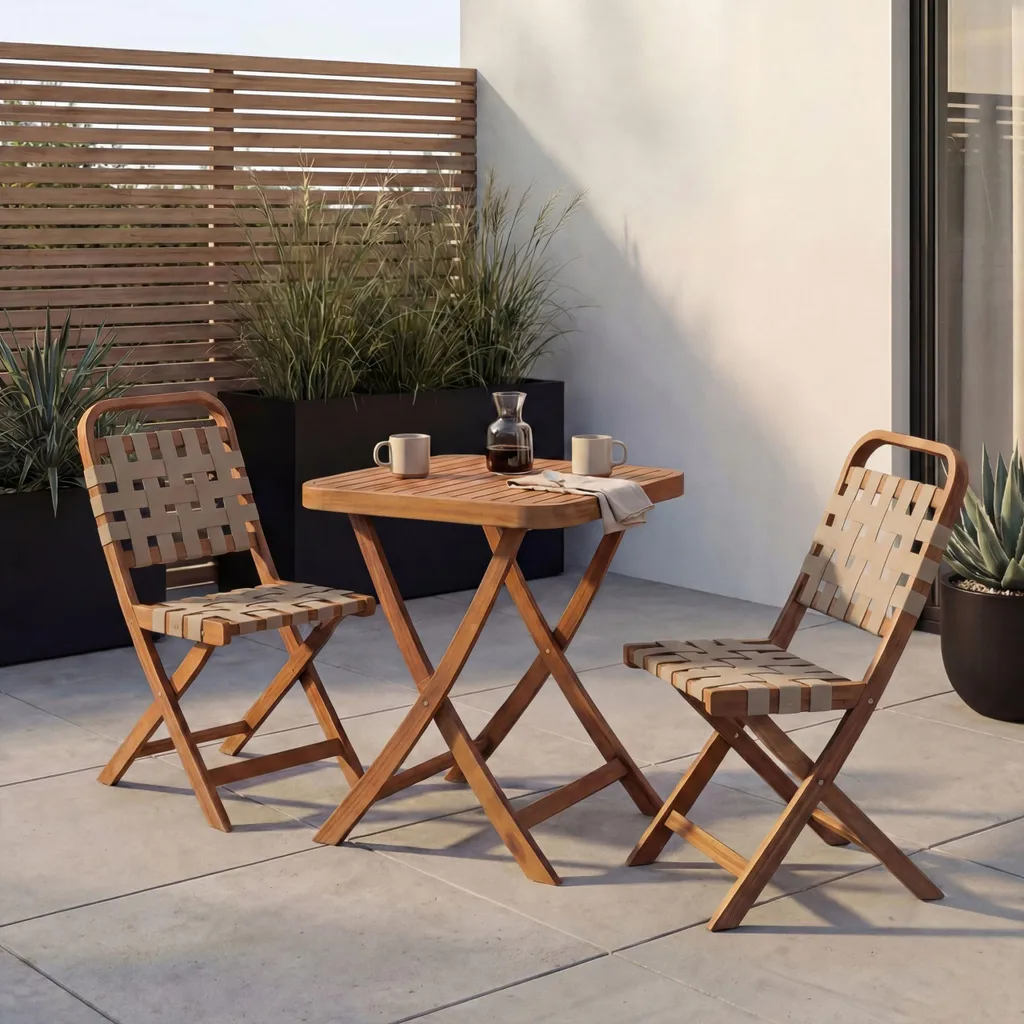 Ensemble de balcon pliable bois d'acacia tressage corde crème chic