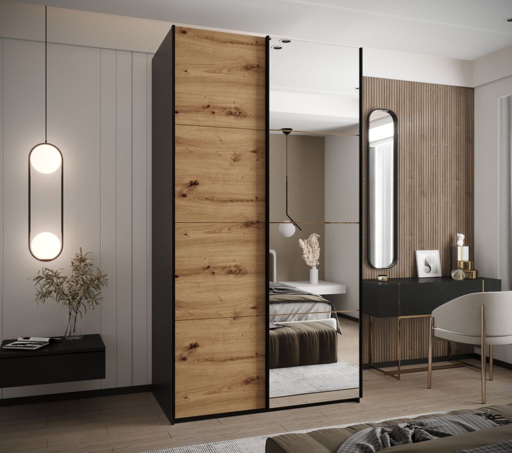 Zweitüriger Kleiderschrank SAMARA 3 - 140 cm, schwarz / Eiche handwerklich / schwarz