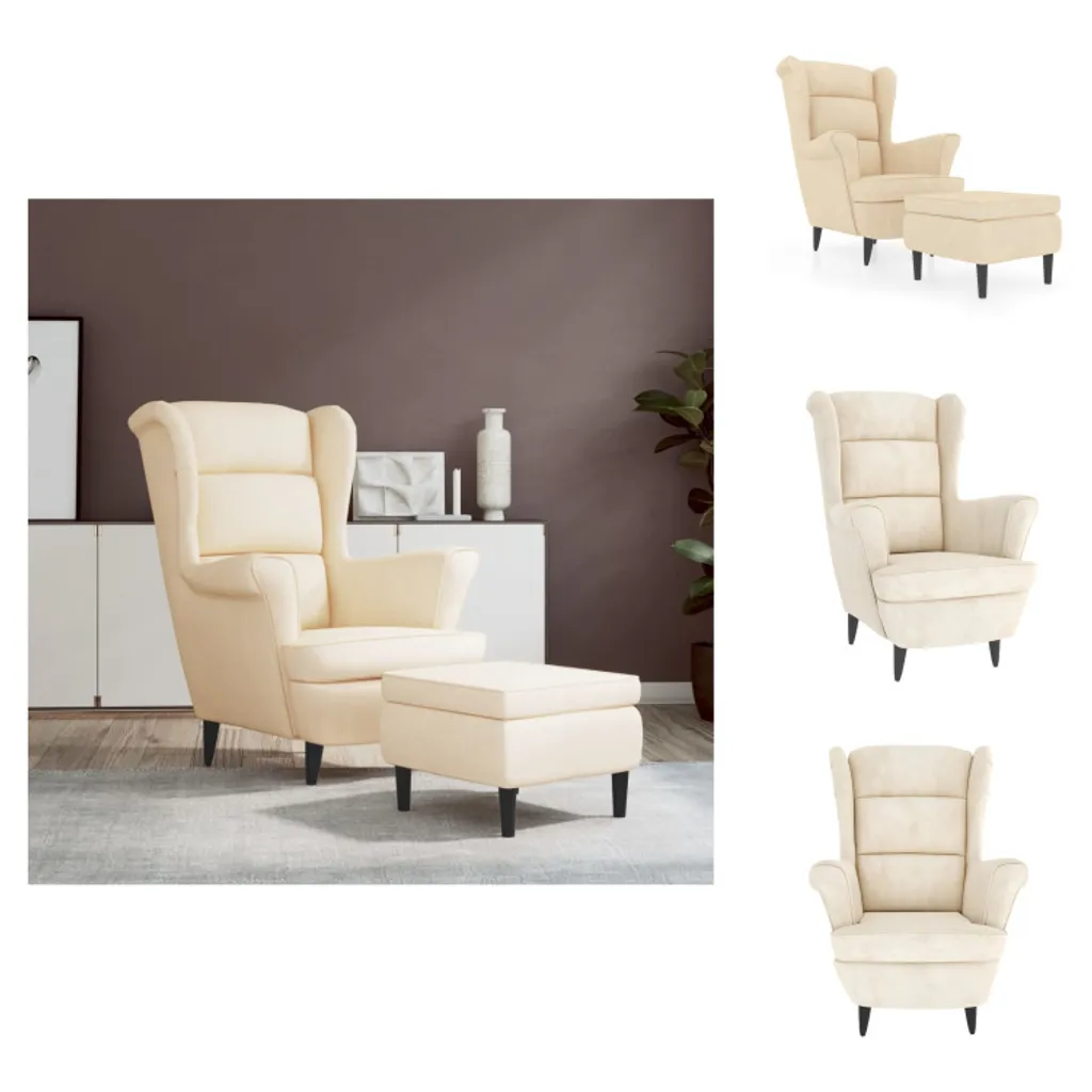 Fauteuil en velours crème avec pouf, dossier haut ergonomique
