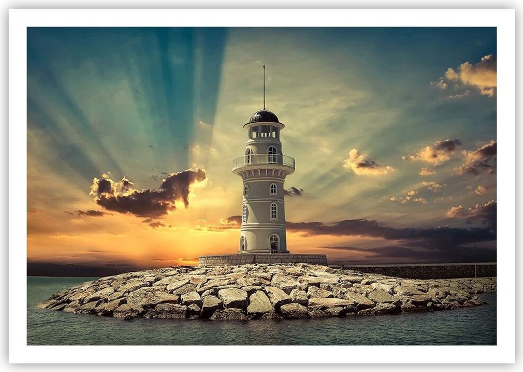 Poster - Poster ohne Rahmen - Leuchtturm Wasser Meer Steine - 100x70 cm - Wand Bild - Wanddeko - Wandbilder - Kunstposter - Wandposter - Bilder - K...