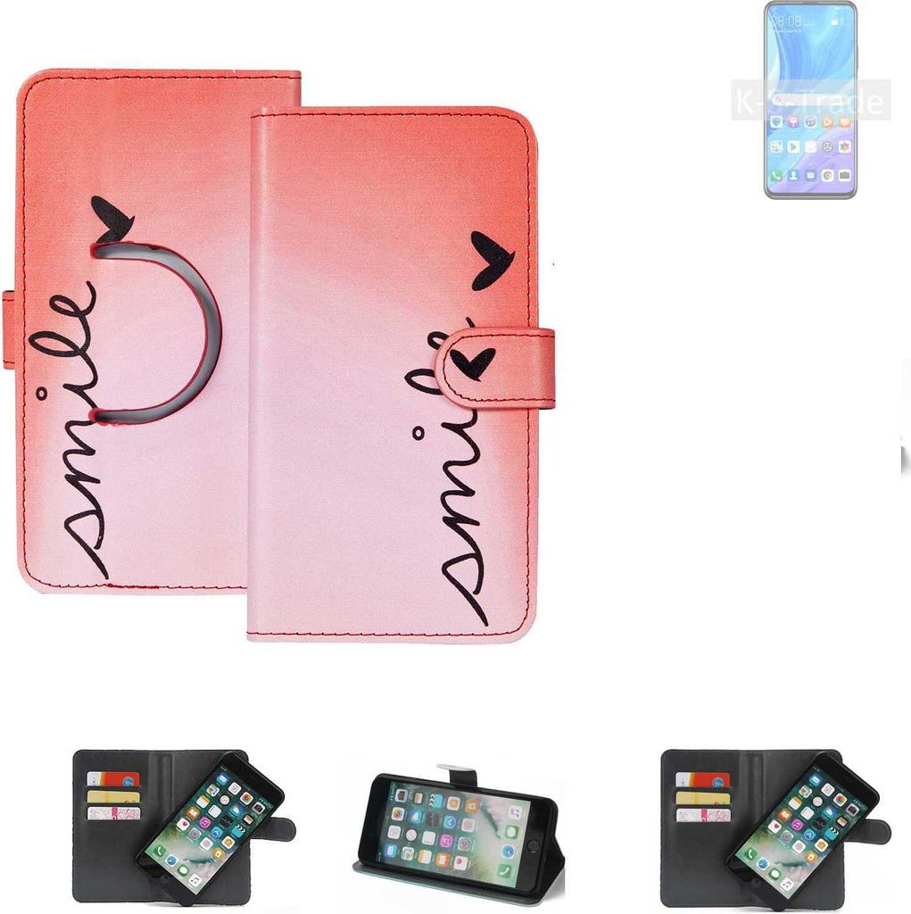 K-S-Trade Schutzhülle Handyhülle kompatibel mit Huawei P smart Pro Hülle cover bookstyle Etui ''smile'' rot Standfunktion Kameraschutz (1Stk)