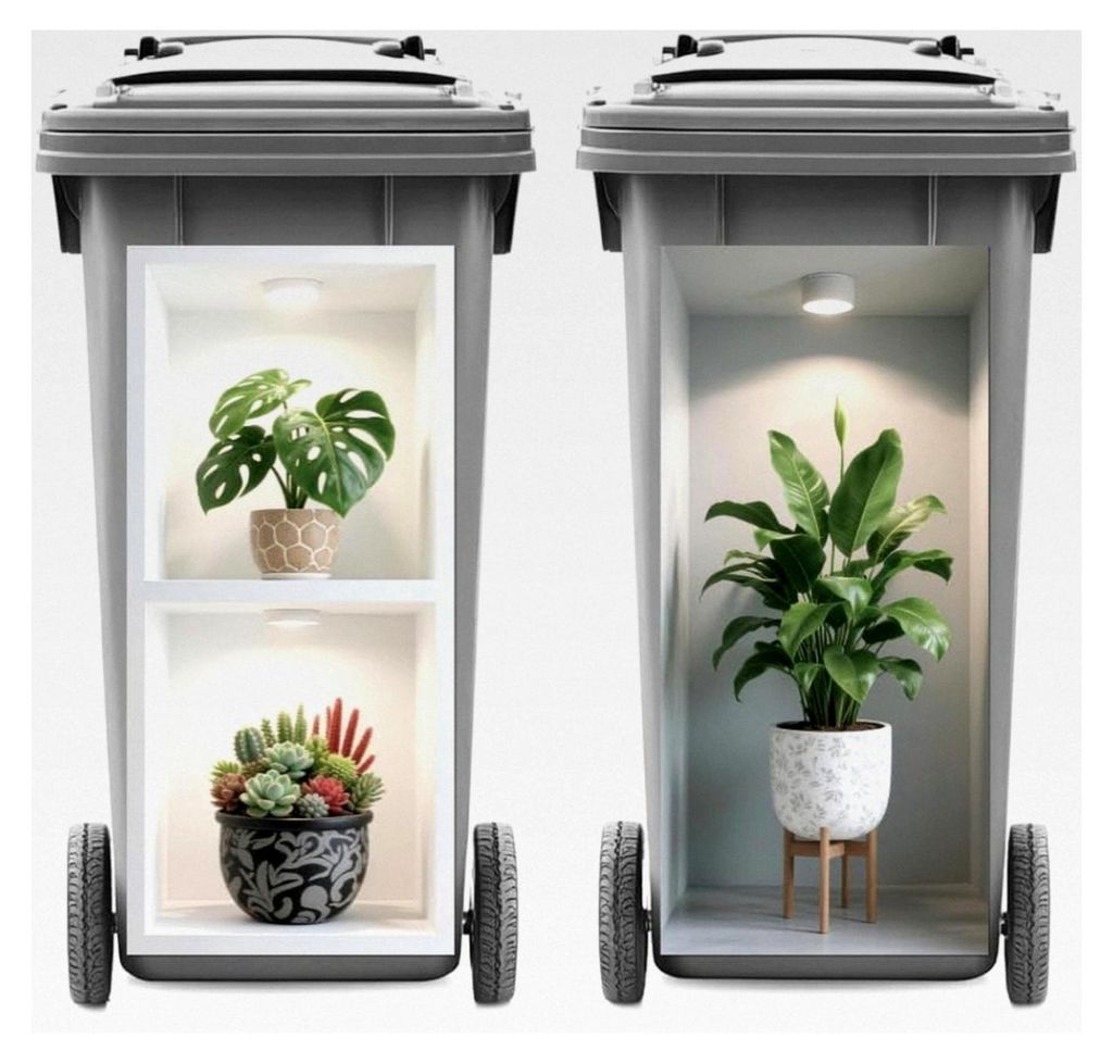 Mülleimer Aufkleber, 2 Blätter Aufkleber für Mülltonnen 38×82cm mit Topfpflanzen, selbstklebend für Behälter und Kühlschränke