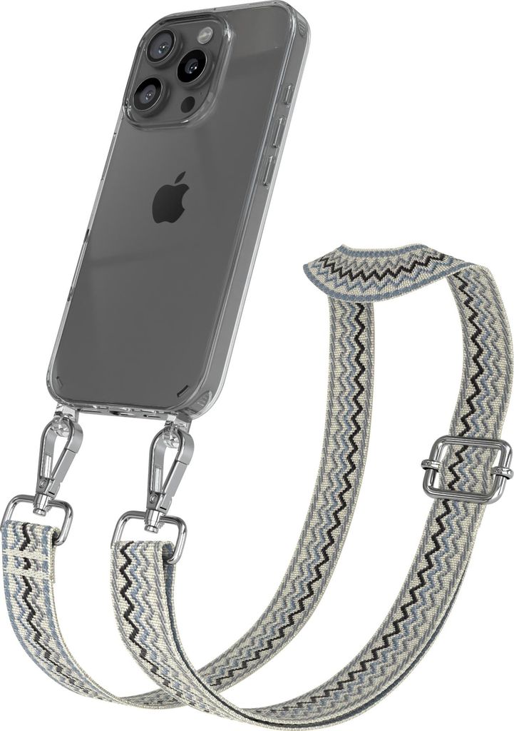 Apple iPhone 16 Pro Chain Eyelets Slim Neck Strap Set Wave Style 07 Beige/Blue 03 Metall Silver