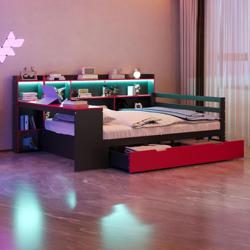 MODFU Schlafsofa 140x200 Holzbett mit ntegrierter Beleuchtung und Steckdosen,Einzelbett mit Schreibtisch und Schubladen,Bettgestell mit Staufächer...