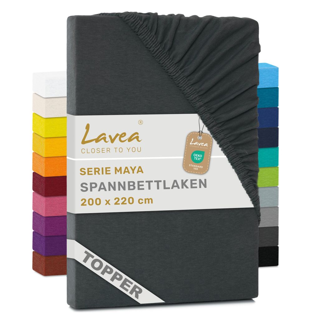 Lavea Topper Spannbettlaken 200x220 cm Maya Jersey, Bettlaken 100% Baumwolle, Bettbezug Matratzen bis 10 cm, Spannbettücher, Anthrazit