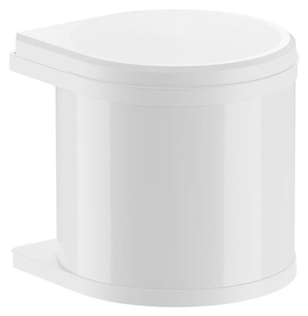 A white trash can with a lid.