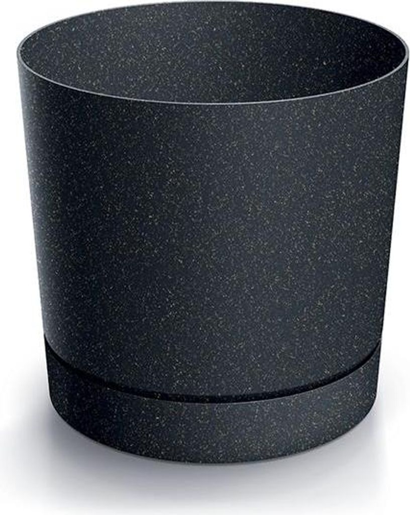 A dark gray speckled plant pot with a saucer.