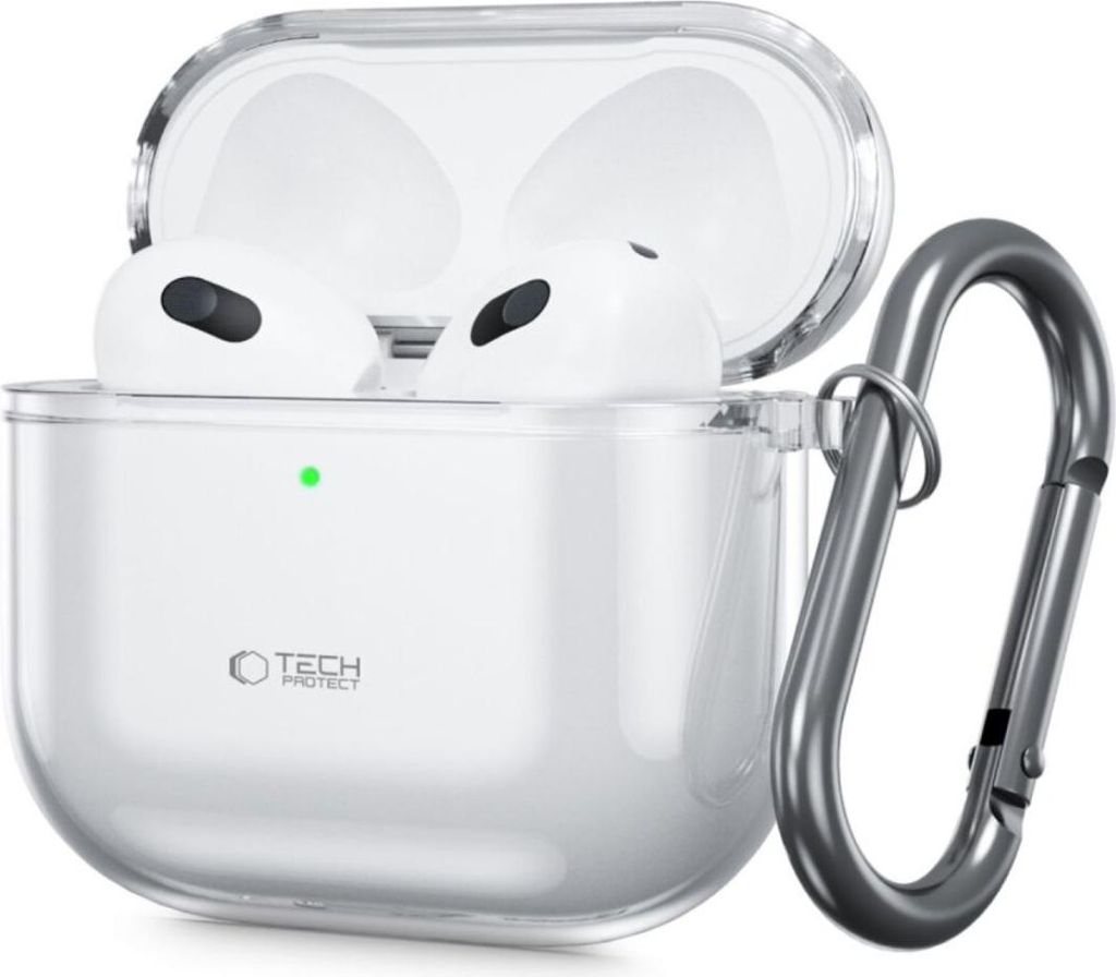A clear protective case for Apple AirPods with a carabiner clip attached.