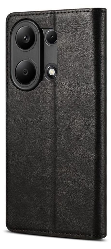 A black leather flip case for a smartphone, shown from the back with the camera module visible.