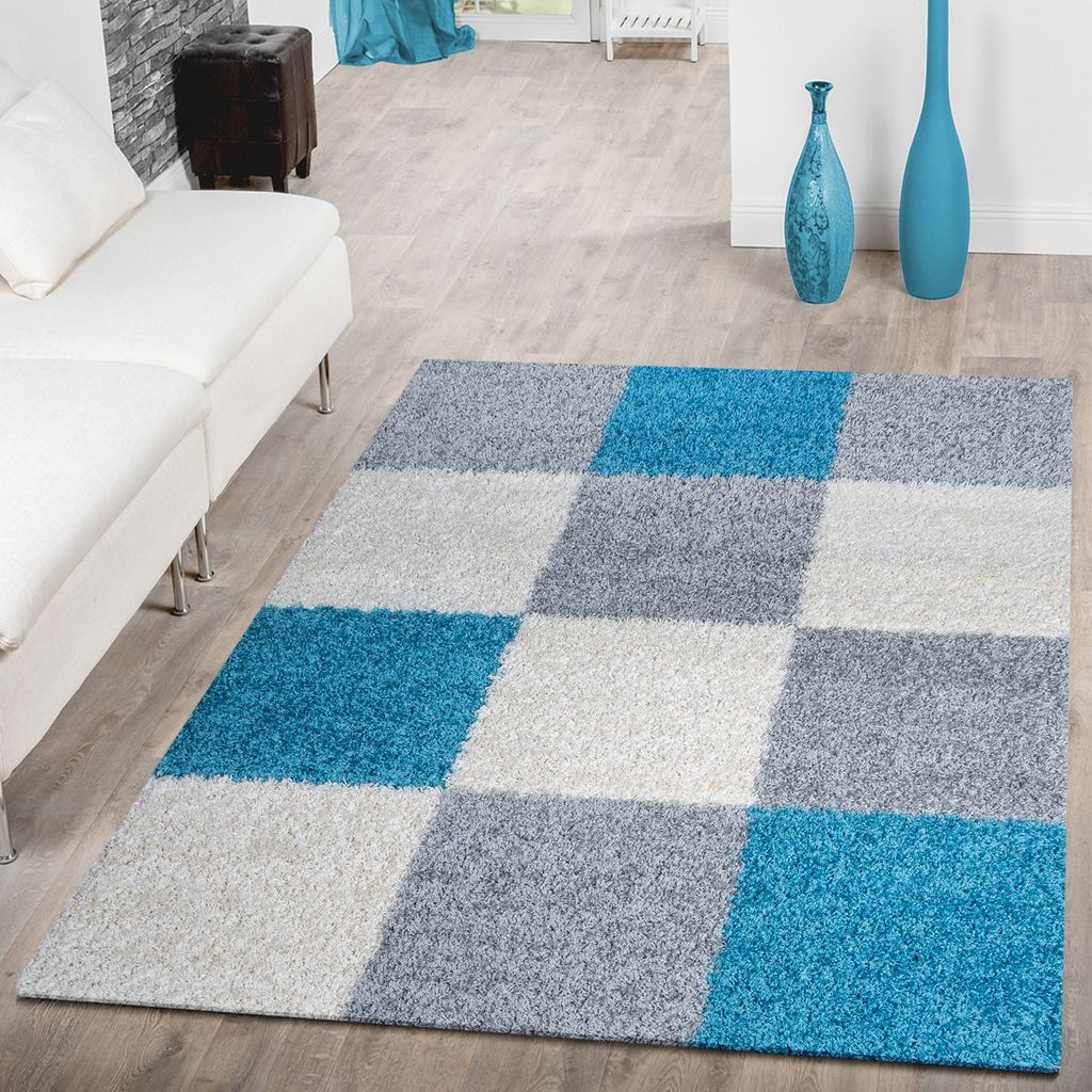 Gemusterter Hochflor Wohnzimmer Teppich Geometrisches Karo Design Blau Weiß 
