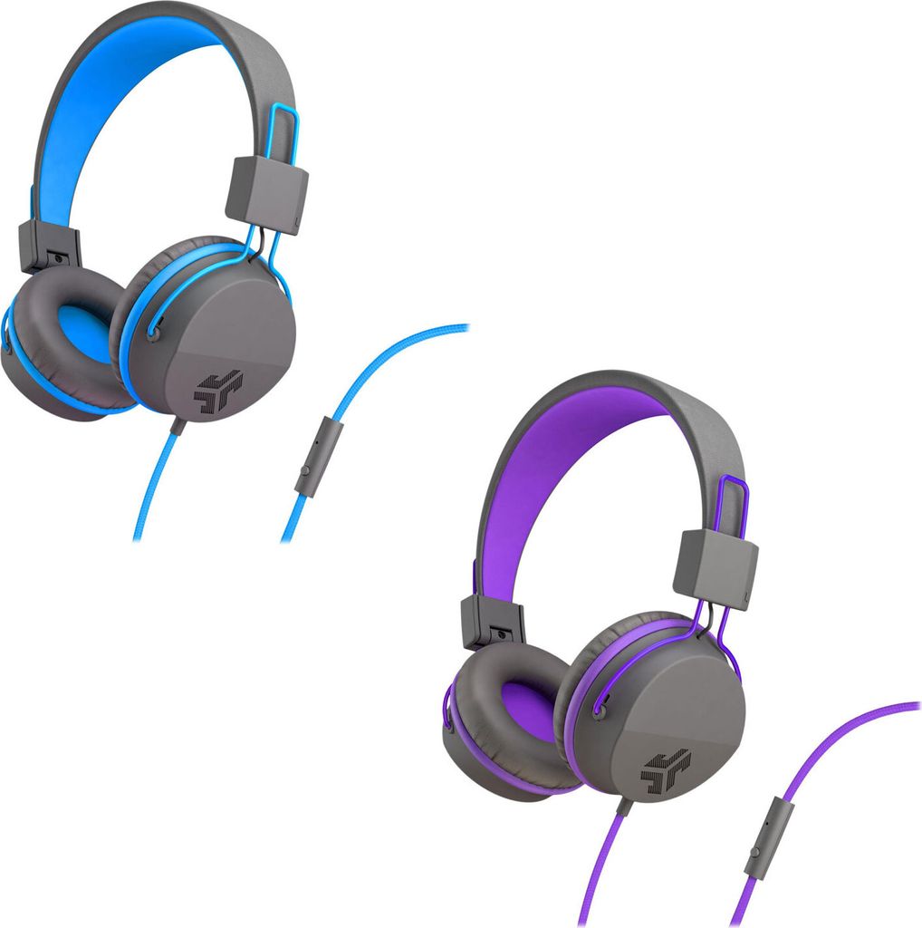 Two pairs of headphones, one blue and one purple, are displayed against a white background.