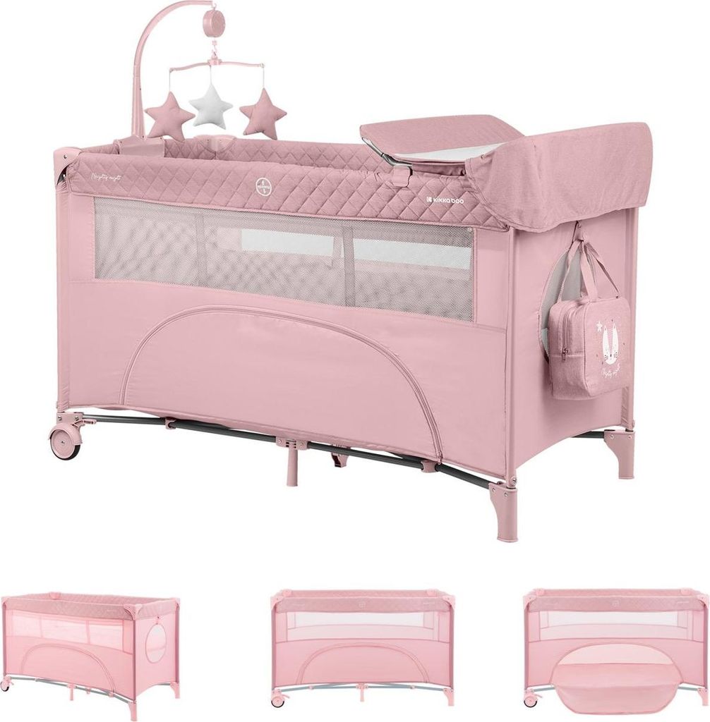Kikka boo Reisebett Nighty Night, 2 Ebenen, Spielbogen, 2 Räder, Wickelauflage pink