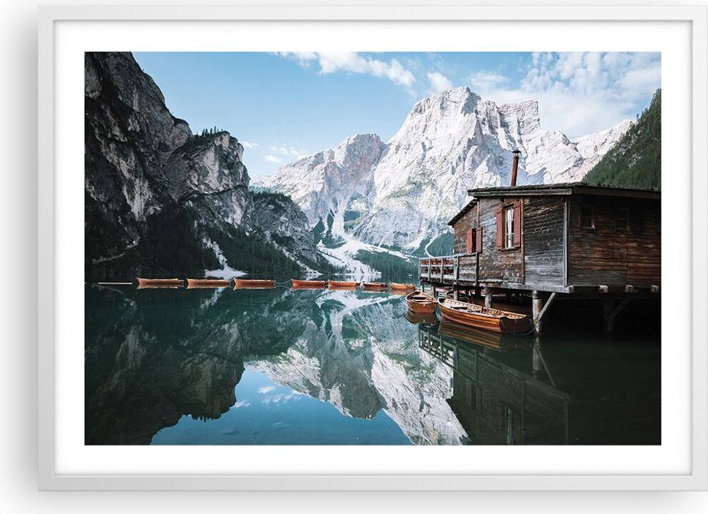 Gerahmtes Poster - Weißer Rahmen - Cottage Oben Der See - 70x50 cm - Wand Bild - Wanddeko - Wandbilder - Kunstposter - Wandposter - Bilderrahmen -...
