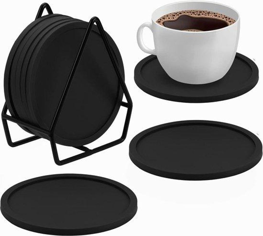 Runde Antirutsch-Untersetzer aus Silikon schwarz 8-teilig
