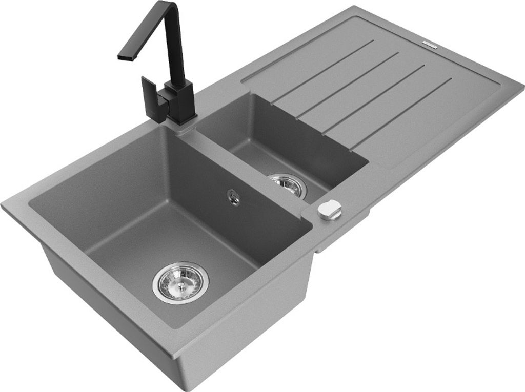 Mexen Andres 1,5-Becken-Granitspüle mit Abtropffläche und Mischbatterie Rita, Grau - 6515-71-670300-70