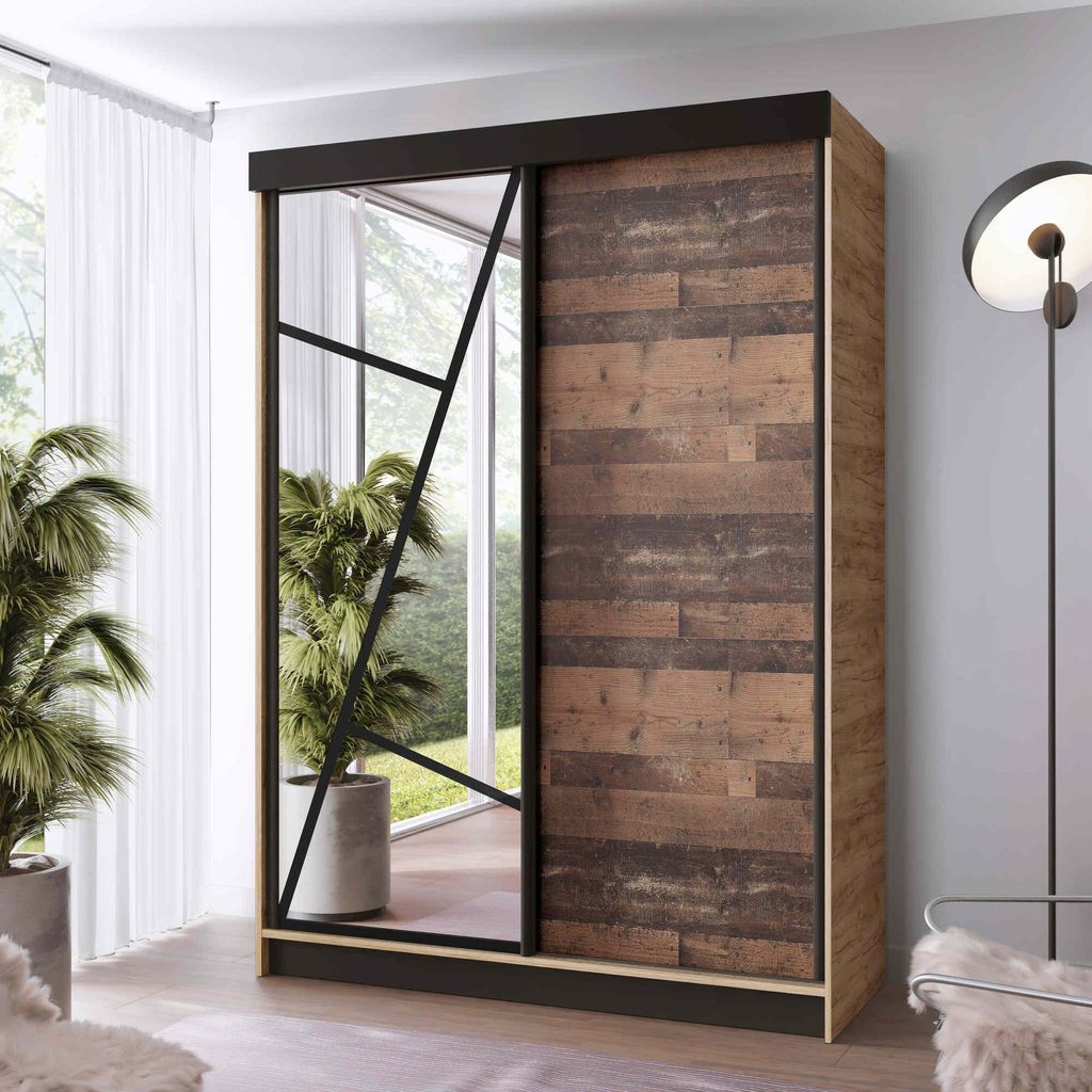 FurMeb24 Schiebetürenschrank LOE 138x205x59 cm Kleiderschrank mit Spiegel, 2-türiger Schiebeschrank (GOLDENE EICHE/ ALTER STIL)