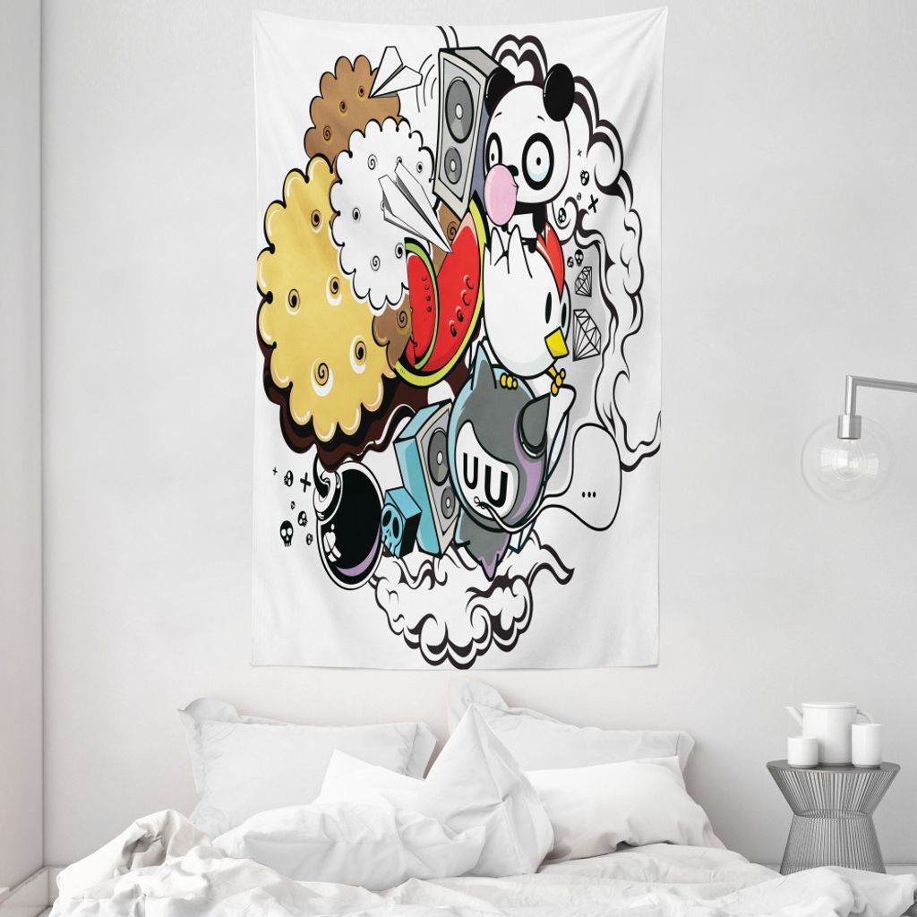 ABAKUHAUS Indie Wandteppich und Tagesdecke, Tiernahrung verrückt Gekritzel aus Weiches Mikrofaser Stoff Waschbar ohne Verblassen Digitaldruck, 140...