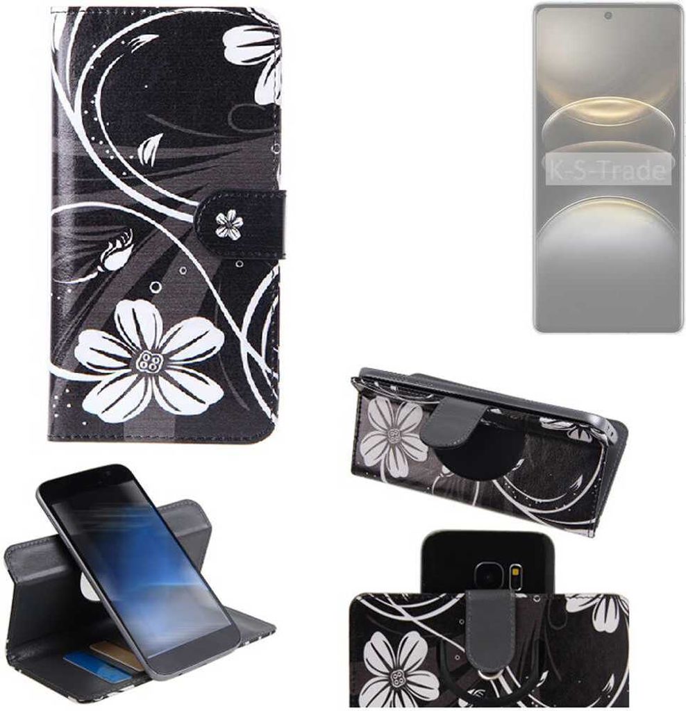 K-S-Trade Schutzhülle Handyhülle kompatibel mit Vivo X100 Ultra Hülle 360° Wallet Case “Flowers“ Klapphülle Hülle schwarz-weiß 1x
