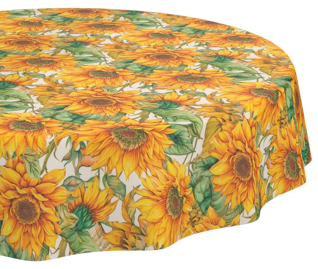 Tischdecke 140x140cm Rund Orange abwaschbar Granada Stoff Premium Floral Sonnenblumen Schnittkante
