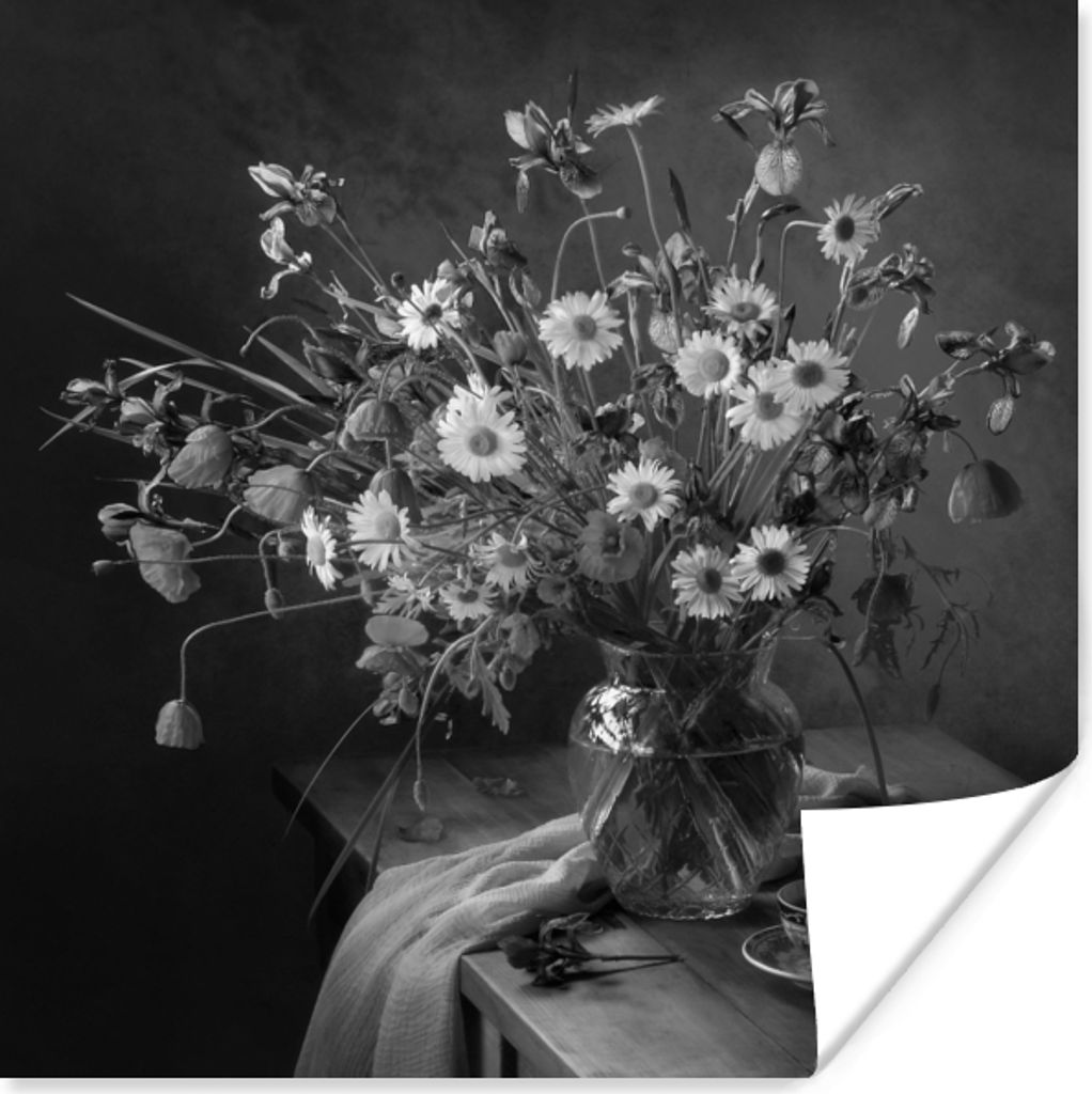 MuchoWow Poster Blumenstrauß - Blumen - Ölgemälde - Stilleben - Schwarz - Weiß 75x75 cm - Wand Dekoration