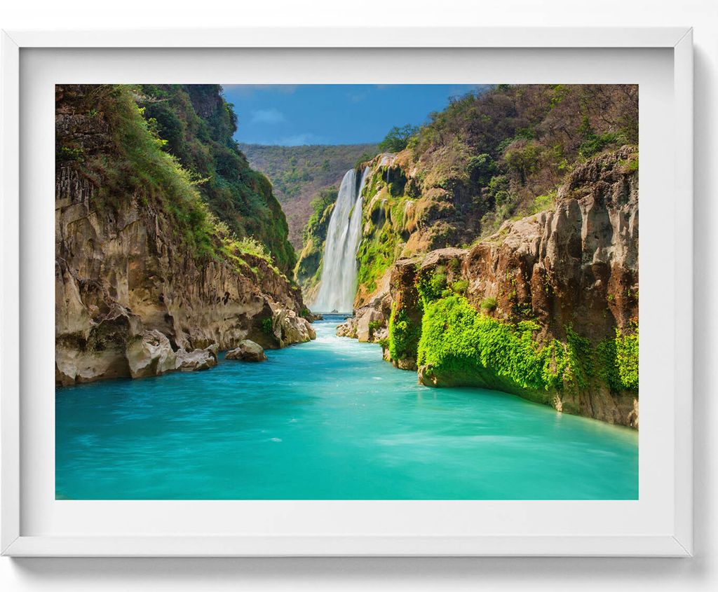 Tropischer Wasserfall und Fluss– Wandbild mit Rahmen – Gerahmtes Bild – Wanddekoration – 80x60 cm – Weiß Rahmen