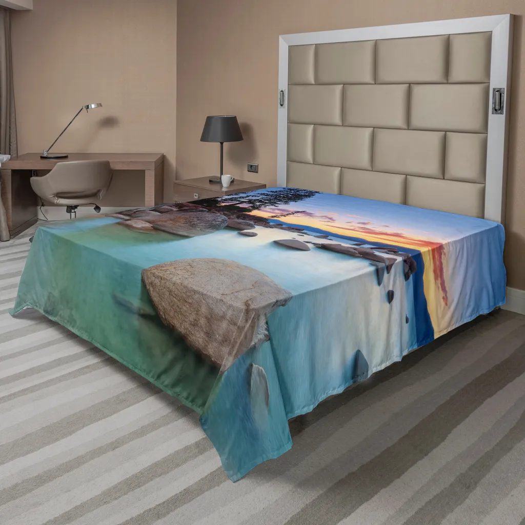 Drap de lit ultra doux 275x260 cm Imprimé Horizon Marin et Soleil Bleu