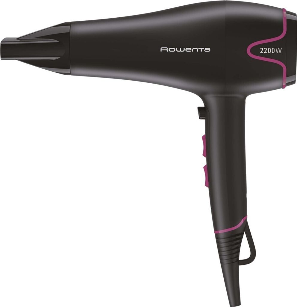 A black Rowenta hair dryer with pink accents is shown against a white background.