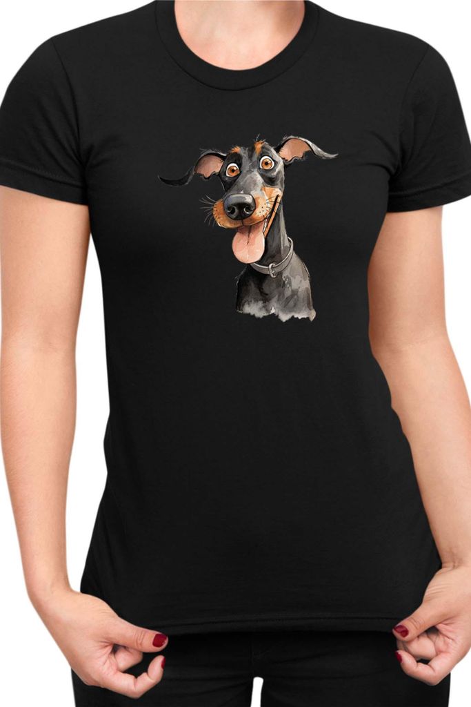 Damen T-Shirt Funny Dogs Breeds Doberman Dog Breed, Lady 2XL / Schwarz
