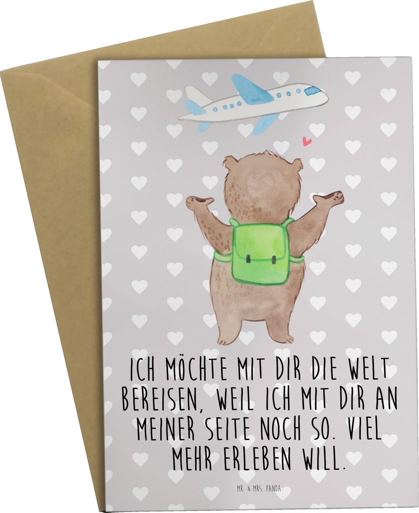 Mr. & Mrs. Panda Grußkarte Bär Flugzeug - Grau Pastell - Produktbild 