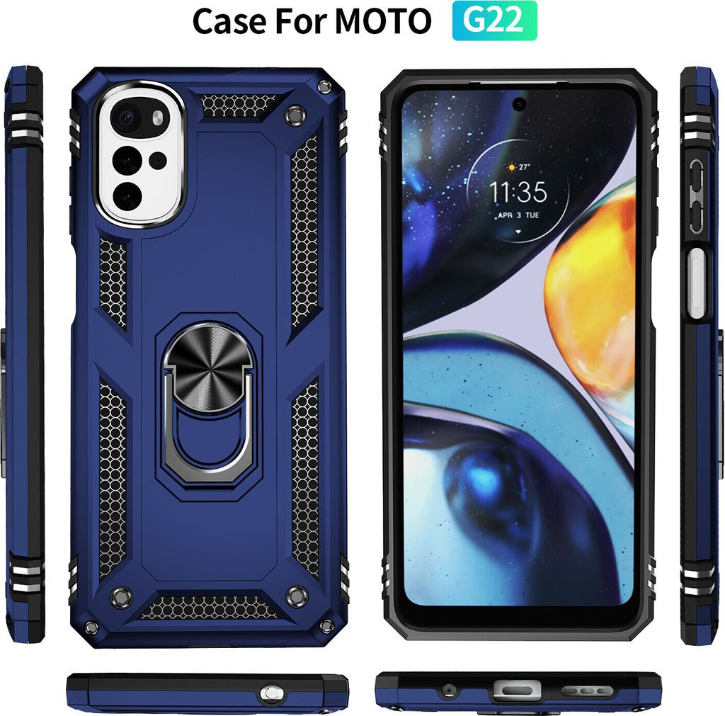 Moto G22 Hülle, Dual Layer Robust Militäre Schutzhülle mit Ringhalterung Ständer für Motorola Moto G22 Blau