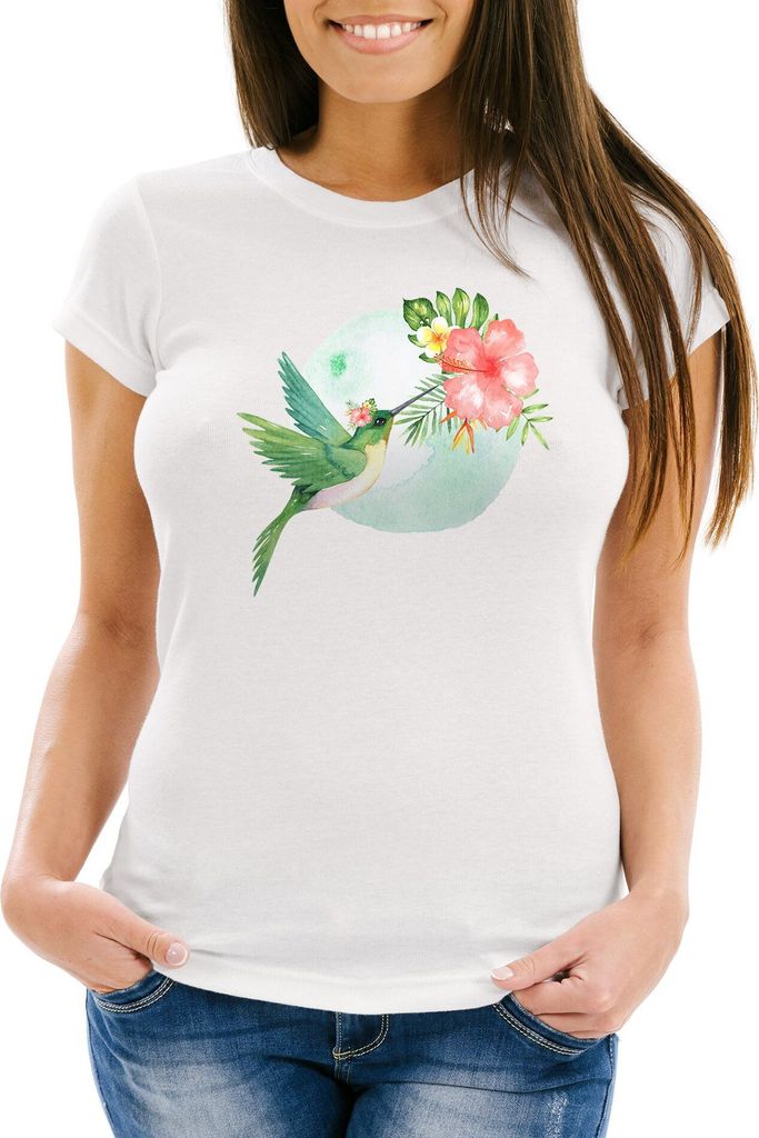 Damen T-Shirt Kolibri Vogel Tropical Summer Jungle Paradise Hummingbird Slim Fit tailliert Baumwolle Neverless weiß S
