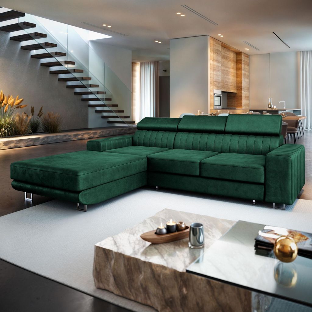 Masseno Ecksofa NOTO L-S mit Schlaffunktion L-Form, Sofa mit Bettkasten, Wohnzimmersofa, Couch, Soffa, Bettsofa, Couchgarnitur- Grün, MONOLITH 37