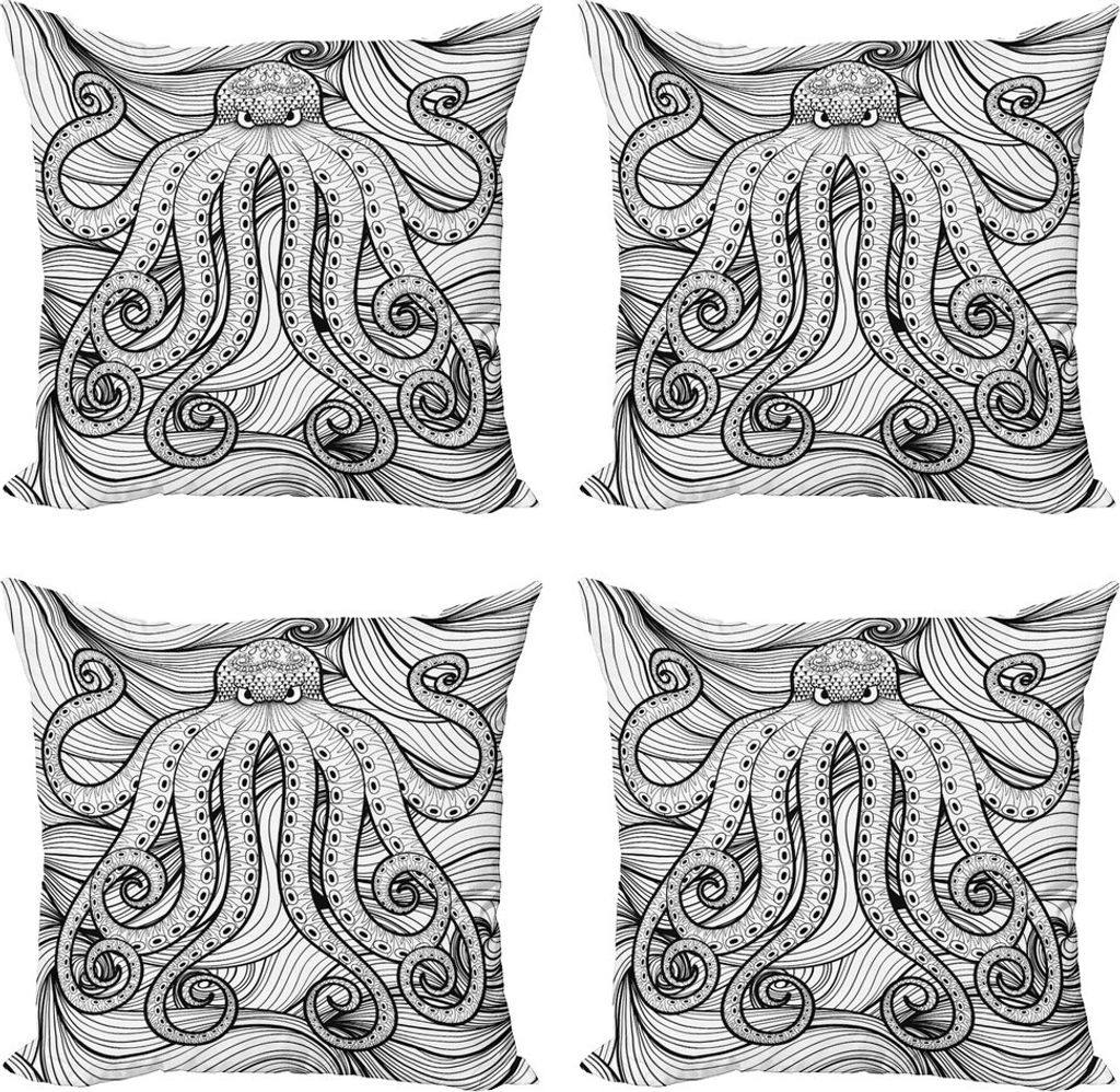 ABAKUHAUS Tintenfisch Kissenbezug Set (4 Stück), Style-Mandala-Motiv, Moderner Doppelseitiger Digitaldruck, 60 cm x 60 cm, Schwarz-Weiss