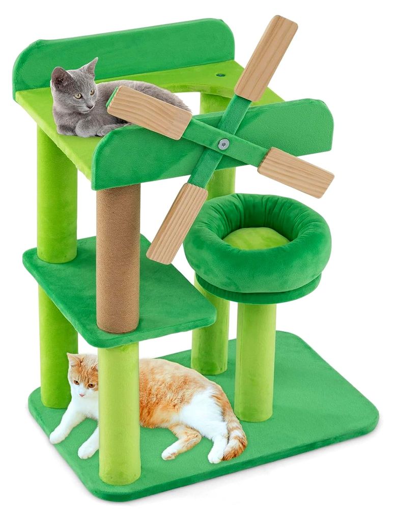 4-stufiger Kratzbaum mit Kratzstamm, Plattform mit Katzenloch und gepolsterten Plattformen, Aktivitätszentrum für Katzen, grün