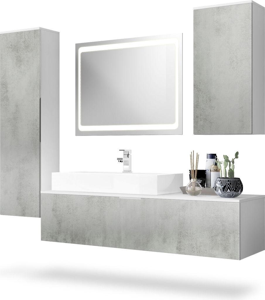 Vladon Badmöbel Komplettset Beach, Germany, Korpus in Weiß matt / Fronten in Beton Oxid Optik, mit LED Spiegel, Aufsatzwaschbecken und Armatur