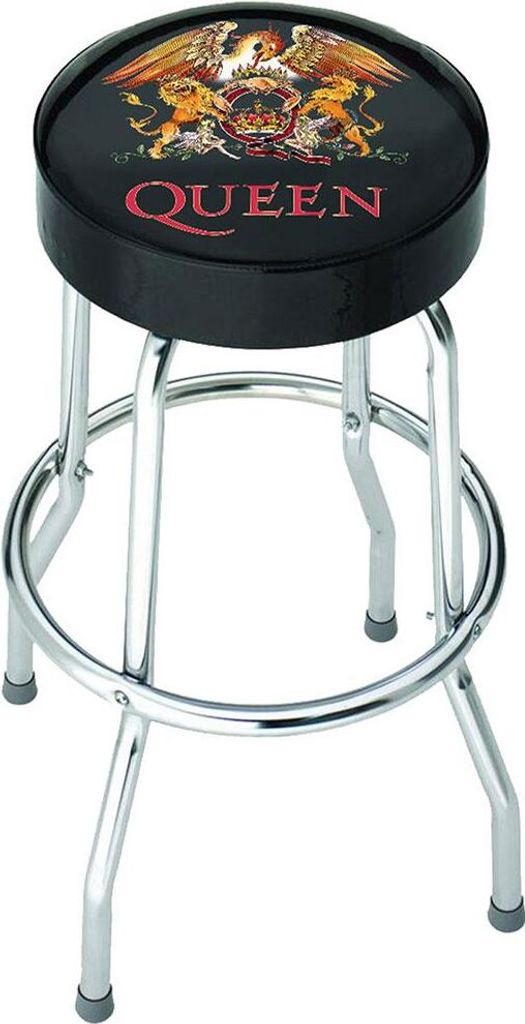 A bar stool with the Queen logo and crest on the seat.