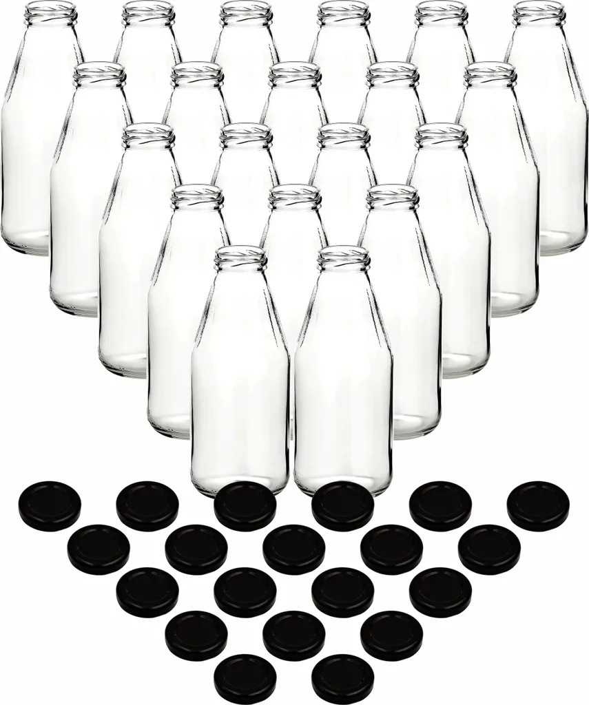 Set 20 Bottiglie Vetro 1 Litro per Succhi e Conserve - Tappo TO48 Nero