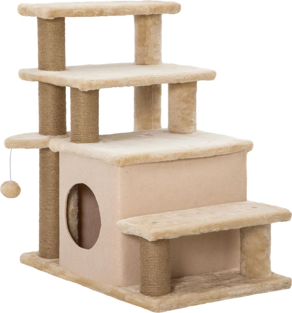 Haustiertreppe, Kratzbaum, 4 Stufen, Spielball, Häuschen, höhenverstellbar, 60 x 40 x 66 cm, Beige