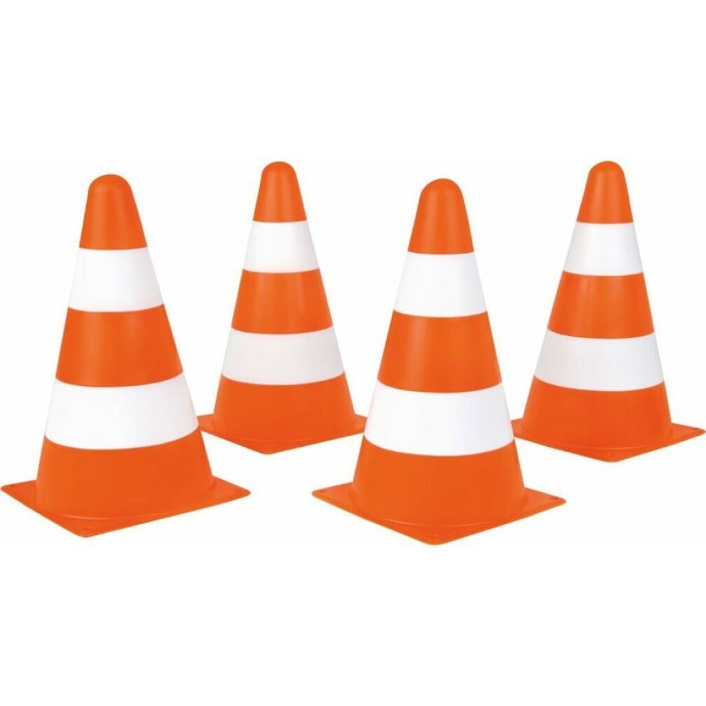 Four orange and white traffic cones are arranged in a row against a white background.