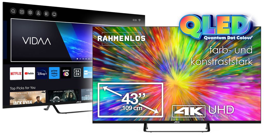 Rahmenloser 43“ (43 Zoll / 109 cm) QLED UHD Smart TV Produktbild 