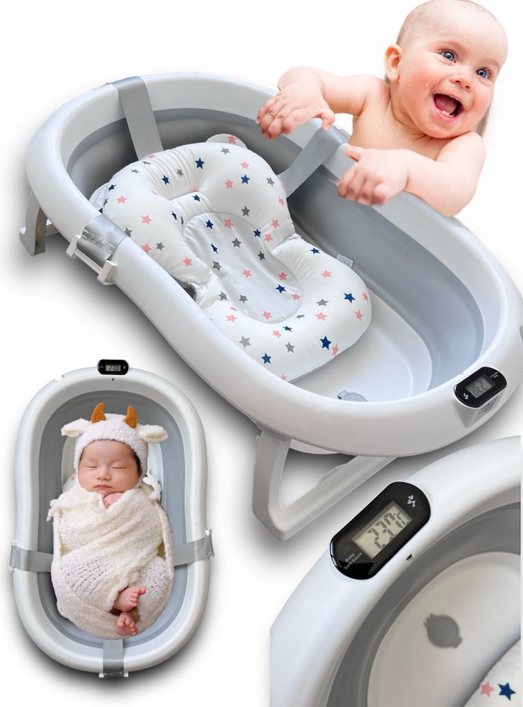 Asato Faltbare Baby-Badewanne mit LCD-Thermometer und Kissen – rutschfest, für 0–6 Jahre, bis 45 kg