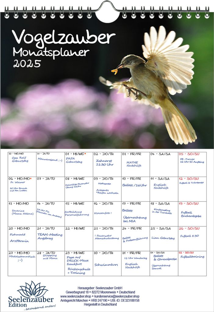Vogelzauber Planer DIN A4 Kalender für 2025 Vogel - Seelenzauber